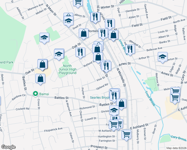 map of restaurants, bars, coffee shops, grocery stores, and more near 23 Holbrook Avenue in Brockton