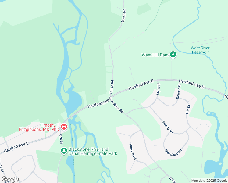 map of restaurants, bars, coffee shops, grocery stores, and more near 411 Hartford Avenue East in Uxbridge