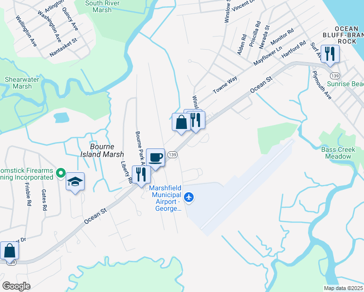 map of restaurants, bars, coffee shops, grocery stores, and more near 1209 Ocean Street in Marshfield