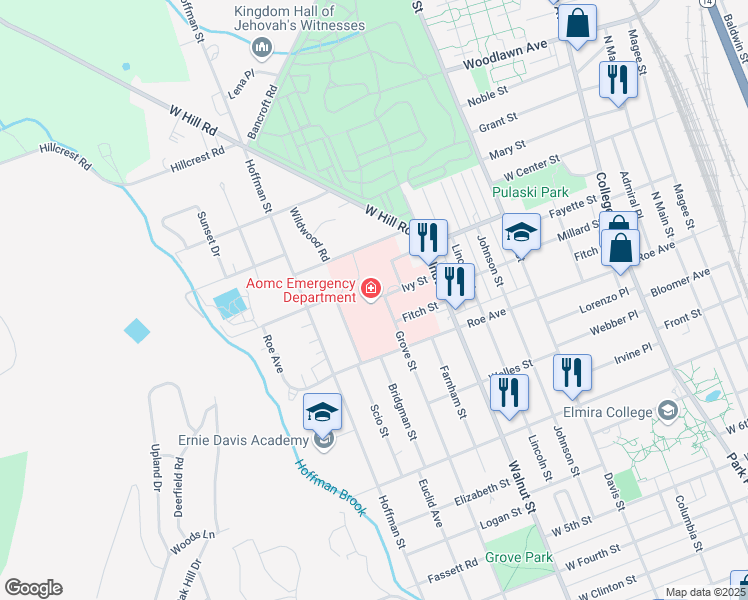 map of restaurants, bars, coffee shops, grocery stores, and more near 600 Roe Avenue in Elmira