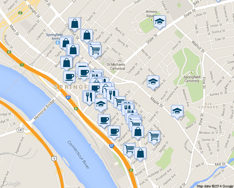 map of restaurants, bars, coffee shops, grocery stores, and more near 45 Willow Street in Springfield