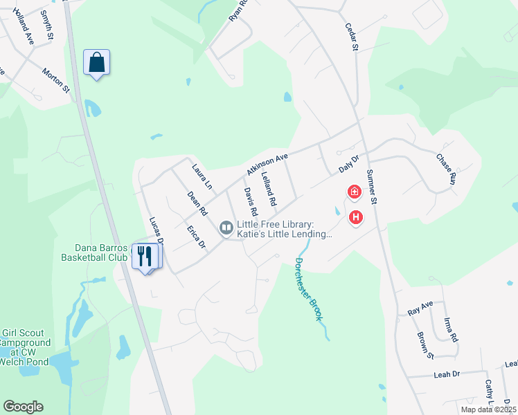 map of restaurants, bars, coffee shops, grocery stores, and more near 21 Davis Road in Stoughton
