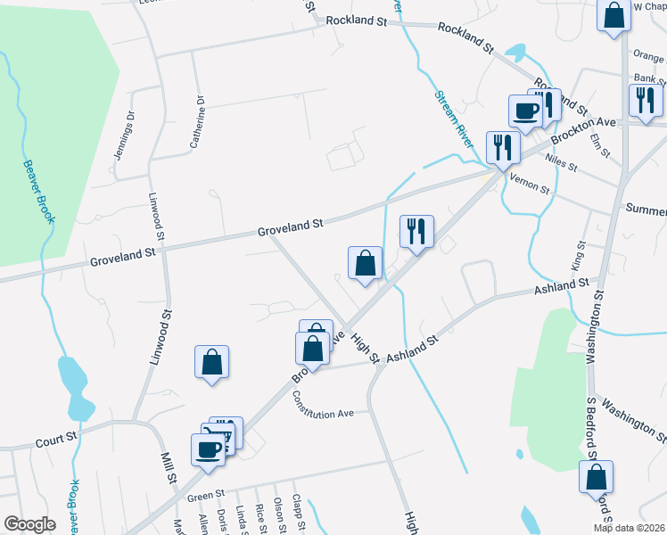 map of restaurants, bars, coffee shops, grocery stores, and more near 13 Mahoney Circle in Abington