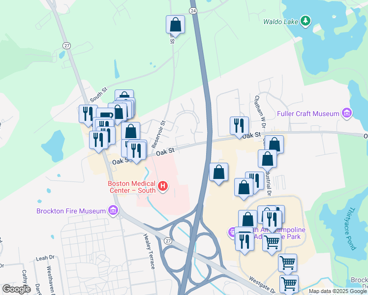 map of restaurants, bars, coffee shops, grocery stores, and more near 782 Oak Street in Brockton