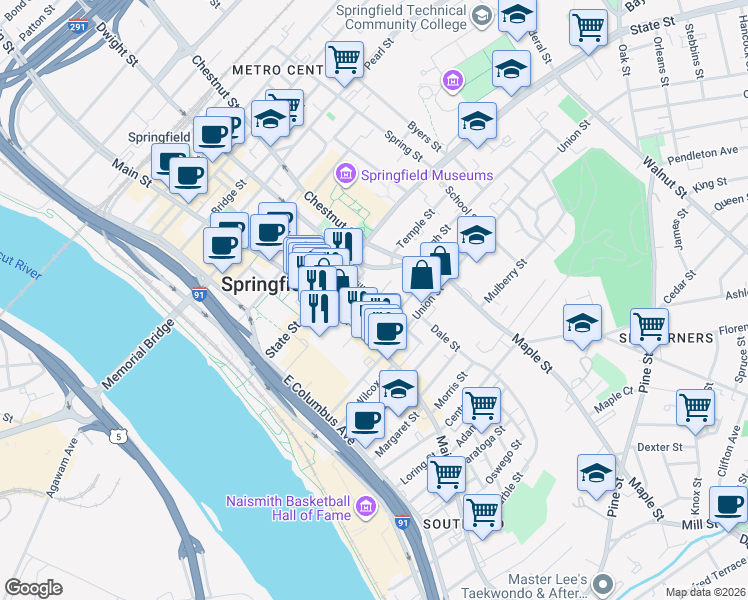 map of restaurants, bars, coffee shops, grocery stores, and more near in Springfield