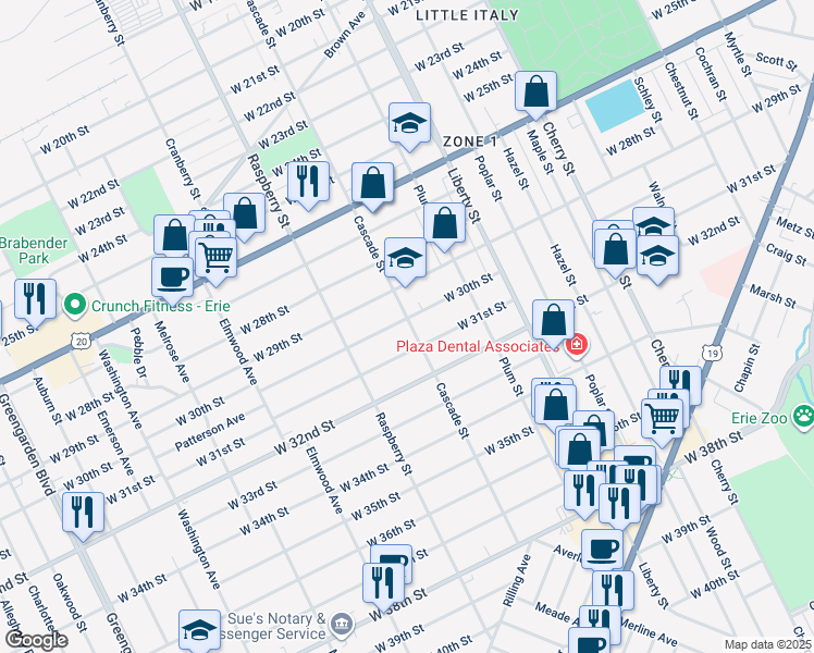 map of restaurants, bars, coffee shops, grocery stores, and more near 1001 West 30th Street in Erie