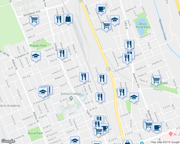 map of restaurants, bars, coffee shops, grocery stores, and more near 942 Wisner Street in Elmira