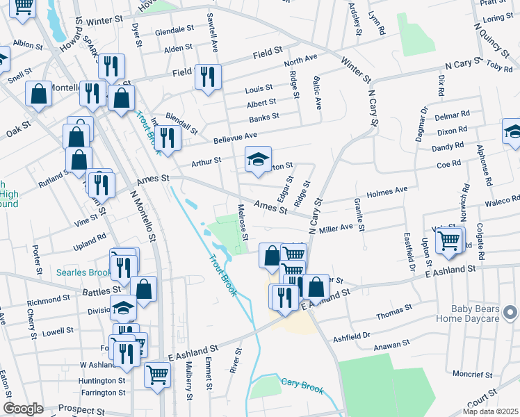 map of restaurants, bars, coffee shops, grocery stores, and more near 12 Astle Court in Brockton