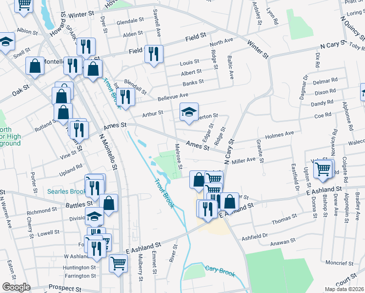 map of restaurants, bars, coffee shops, grocery stores, and more near 12 Astle Court in Brockton