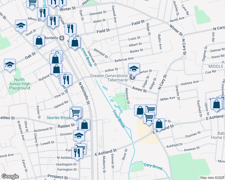 map of restaurants, bars, coffee shops, grocery stores, and more near 58 Trout Street in Brockton