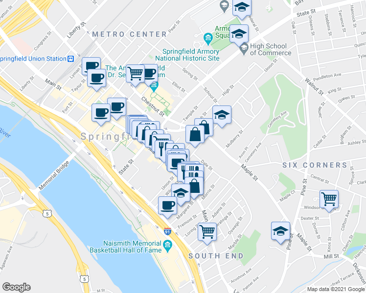 map of restaurants, bars, coffee shops, grocery stores, and more near 45 Willow Street in Springfield
