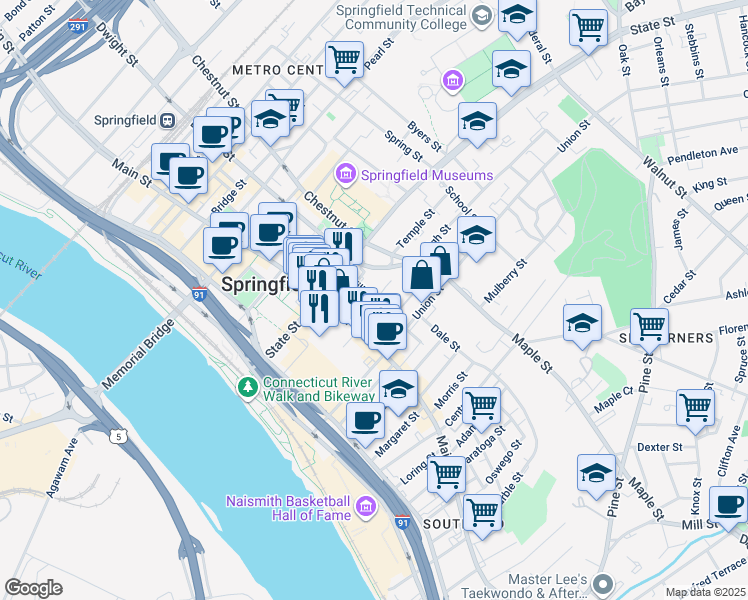 map of restaurants, bars, coffee shops, grocery stores, and more near in Springfield