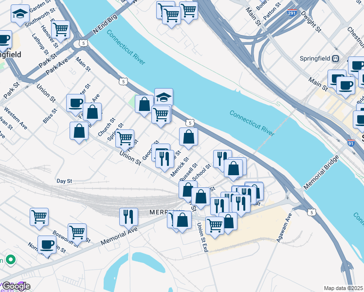 map of restaurants, bars, coffee shops, grocery stores, and more near 22 Sprague Street in West Springfield