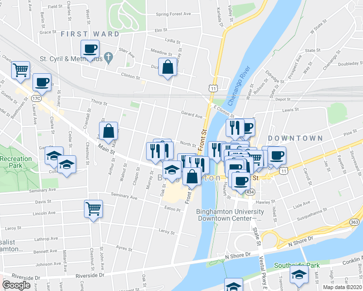 map of restaurants, bars, coffee shops, grocery stores, and more near 155 Front Street in Vestal
