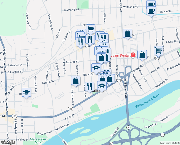 map of restaurants, bars, coffee shops, grocery stores, and more near 1106 Broad Street in Endicott
