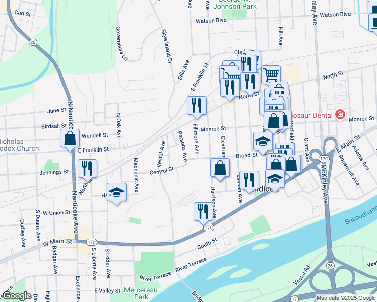 map of restaurants, bars, coffee shops, grocery stores, and more near 109-111 Parsons Avenue in Endicott
