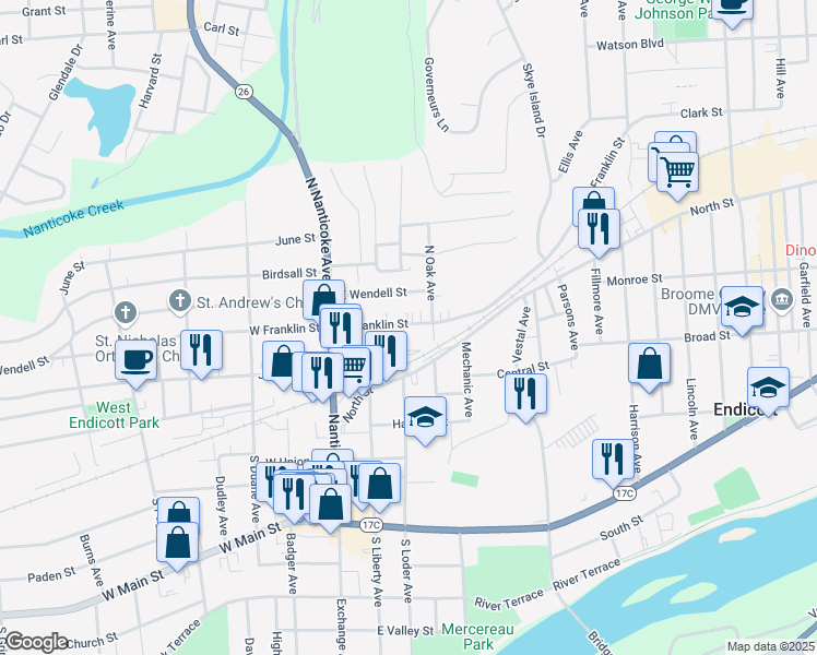 map of restaurants, bars, coffee shops, grocery stores, and more near 7 N Oak Ave in Endicott