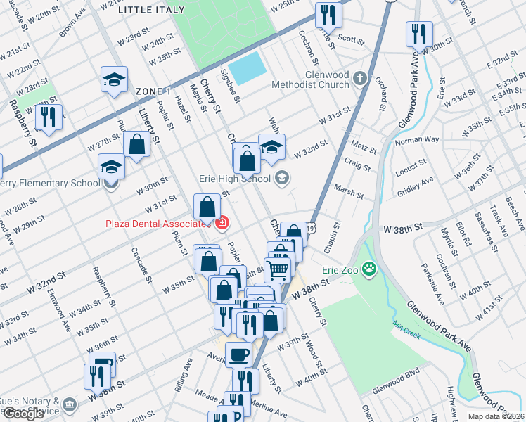 map of restaurants, bars, coffee shops, grocery stores, and more near 3322 Maple St in Erie