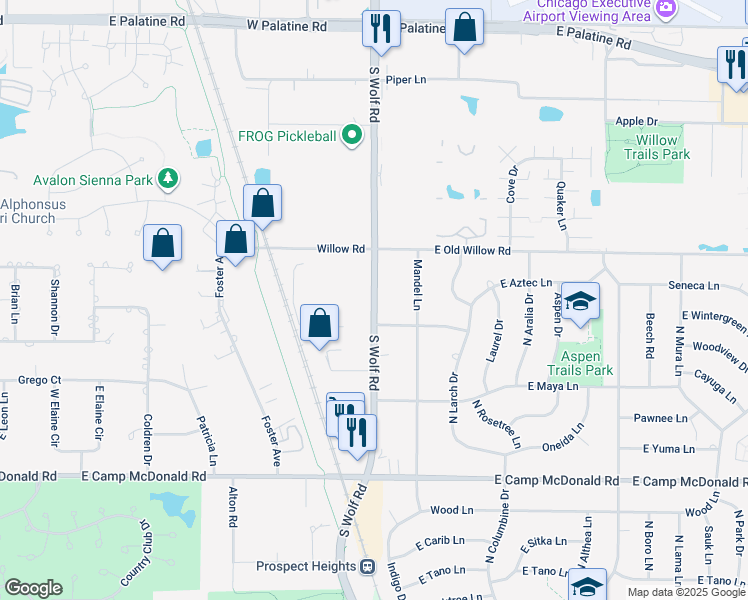 map of restaurants, bars, coffee shops, grocery stores, and more near 207 North Wolf Road in Prospect Heights