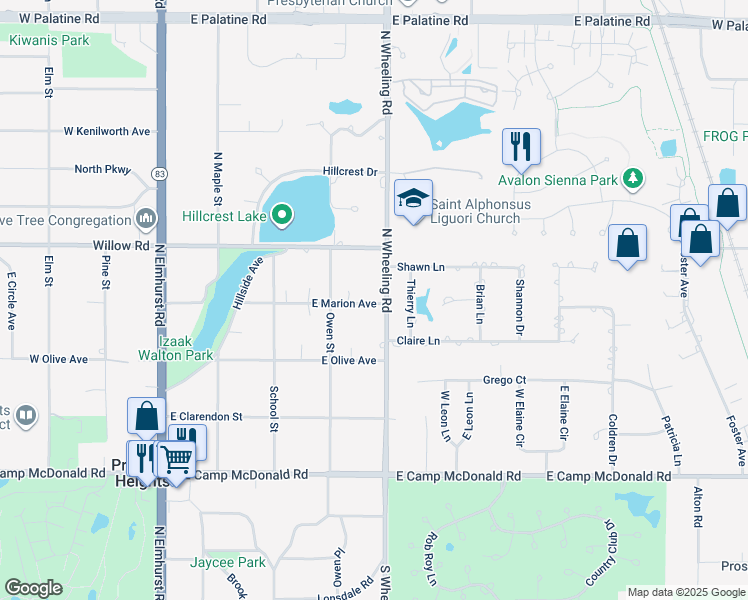 map of restaurants, bars, coffee shops, grocery stores, and more near 300 North Wheeling Road in Prospect Heights