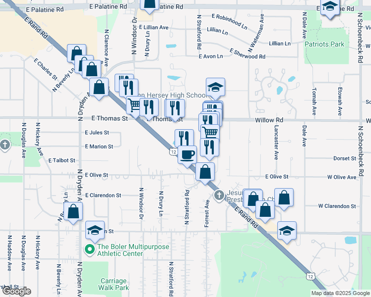 map of restaurants, bars, coffee shops, grocery stores, and more near 1309 East Rand Road in Arlington Heights