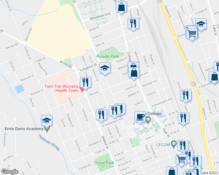 map of restaurants, bars, coffee shops, grocery stores, and more near Davis Street & Roe Avenue in Elmira