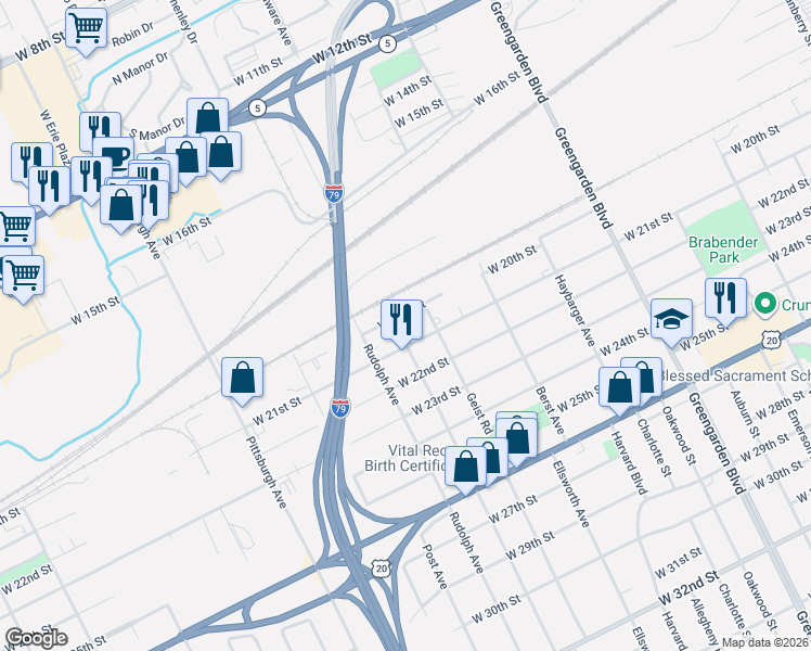 map of restaurants, bars, coffee shops, grocery stores, and more near 2009 Hampton Avenue in Erie