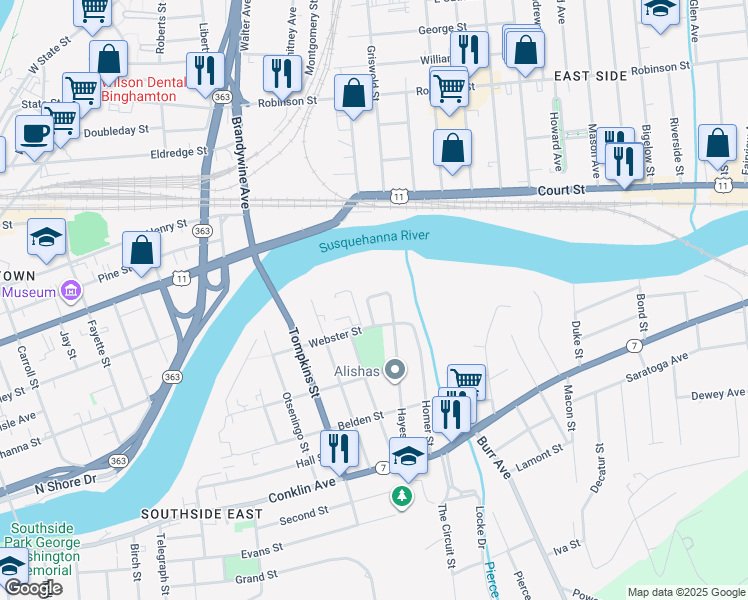 map of restaurants, bars, coffee shops, grocery stores, and more near 6 Webster Court in Binghamton