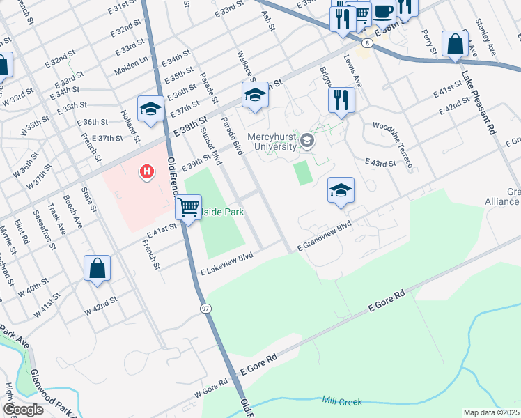 map of restaurants, bars, coffee shops, grocery stores, and more near 4204 Parade Boulevard in Erie
