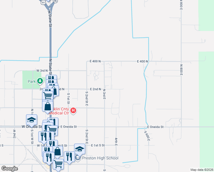 map of restaurants, bars, coffee shops, grocery stores, and more near 279 East 2nd North in Preston