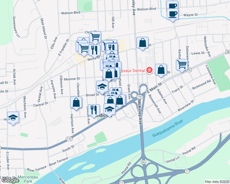 map of restaurants, bars, coffee shops, grocery stores, and more near 202 Garfield Avenue in Endicott
