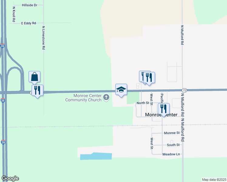 map of restaurants, bars, coffee shops, grocery stores, and more near 17500 Illinois 72 in Monroe Center