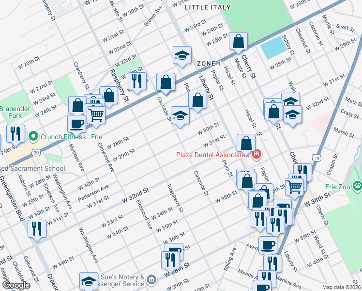 map of restaurants, bars, coffee shops, grocery stores, and more near 3002 Cascade Street in Erie
