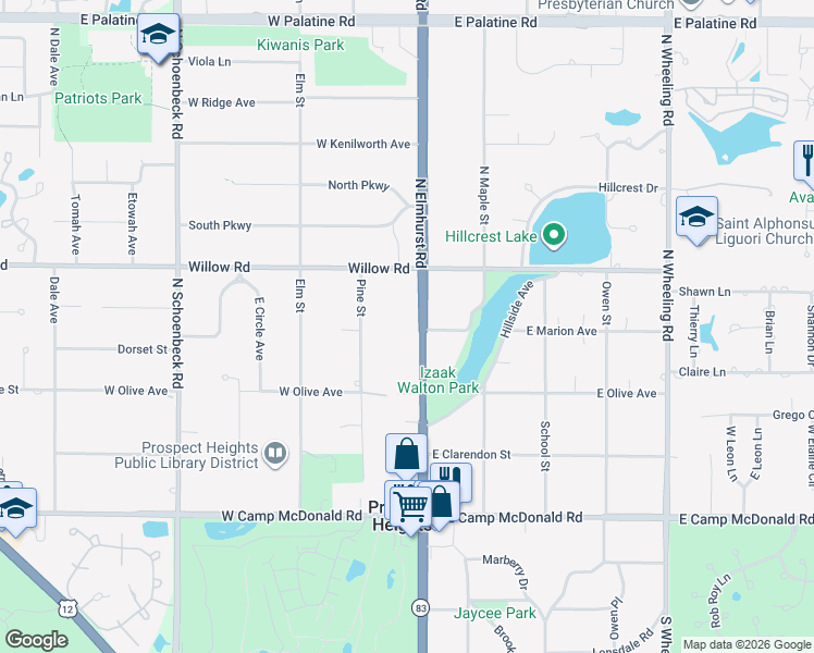 map of restaurants, bars, coffee shops, grocery stores, and more near 210 North Elmhurst Road in Prospect Heights