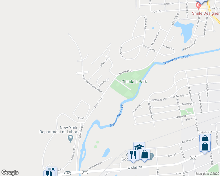 map of restaurants, bars, coffee shops, grocery stores, and more near 328 Glendale Drive in Endicott