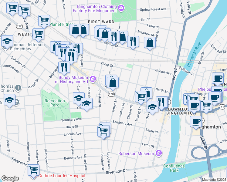 map of restaurants, bars, coffee shops, grocery stores, and more near 97 Main Street in Binghamton