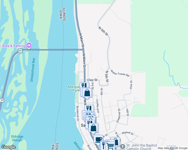 map of restaurants, bars, coffee shops, grocery stores, and more near 218 Clay Street in Savanna