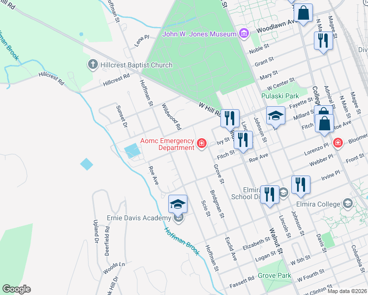 map of restaurants, bars, coffee shops, grocery stores, and more near 1036 Ogden Avenue in Elmira