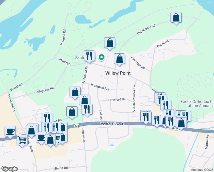 map of restaurants, bars, coffee shops, grocery stores, and more near 3421 Brentwood Place in Broome