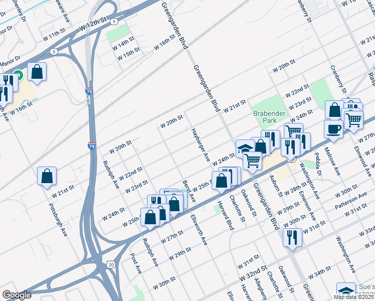 map of restaurants, bars, coffee shops, grocery stores, and more near 1728 West 23rd Street in Erie