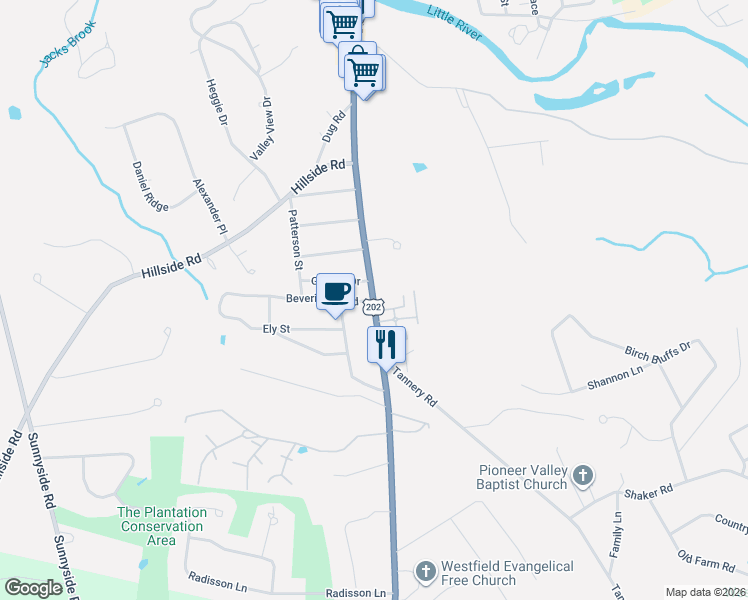 map of restaurants, bars, coffee shops, grocery stores, and more near Southwick Road in Westfield