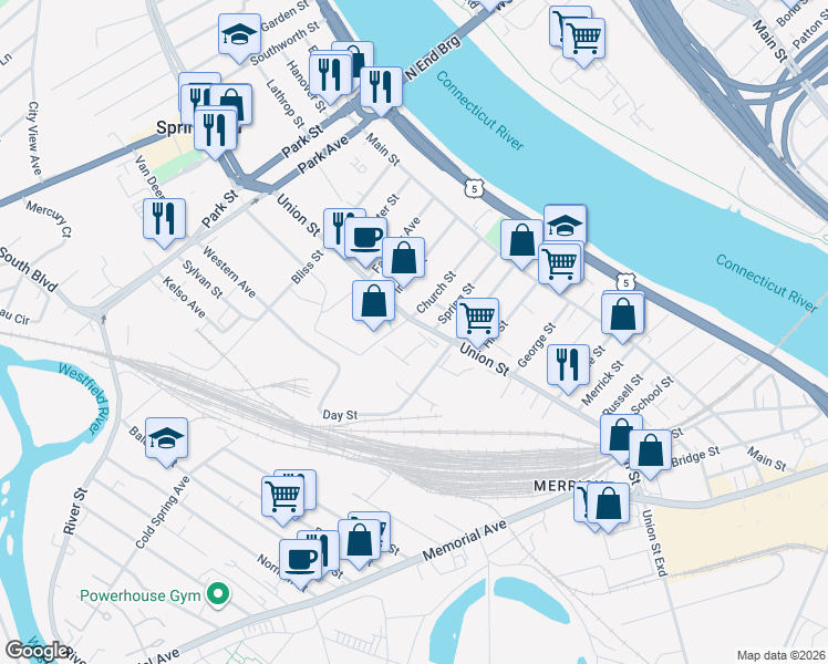 map of restaurants, bars, coffee shops, grocery stores, and more near 13 Cold Spring Avenue in West Springfield