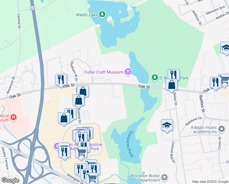 map of restaurants, bars, coffee shops, grocery stores, and more near 104 Oak Lane in Brockton