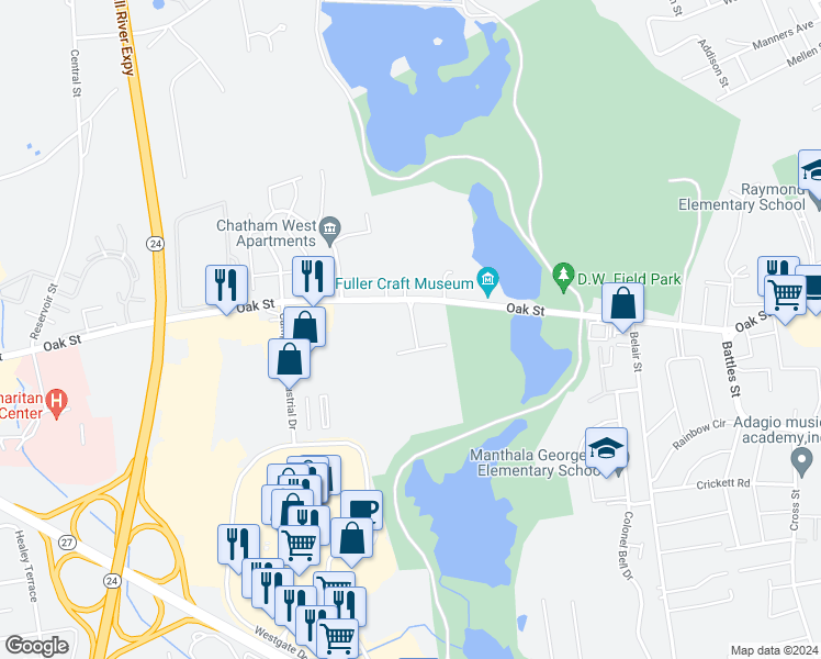 map of restaurants, bars, coffee shops, grocery stores, and more near 104 Oak Lane in Brockton