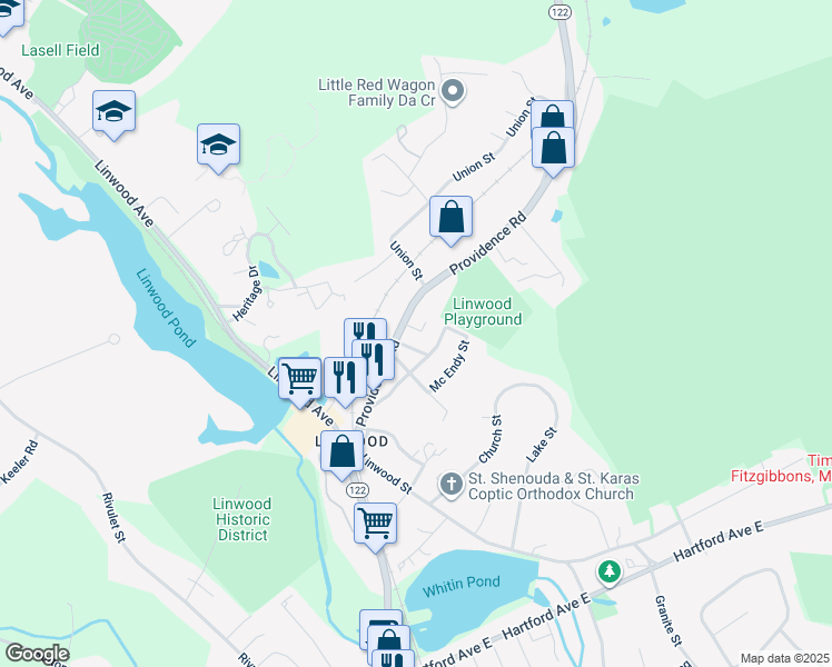 map of restaurants, bars, coffee shops, grocery stores, and more near 93 School Park in Northbridge