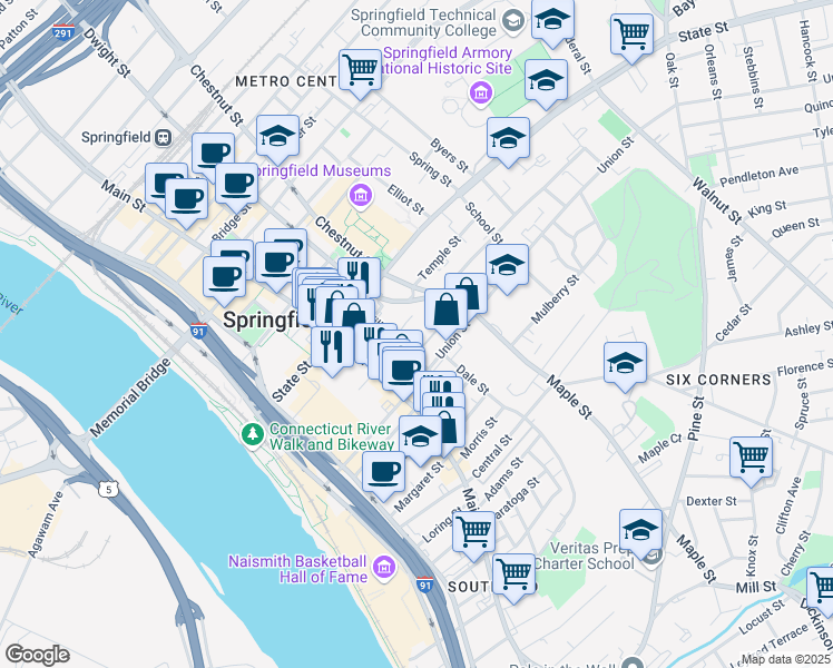 map of restaurants, bars, coffee shops, grocery stores, and more near 45 Willow Street in Springfield