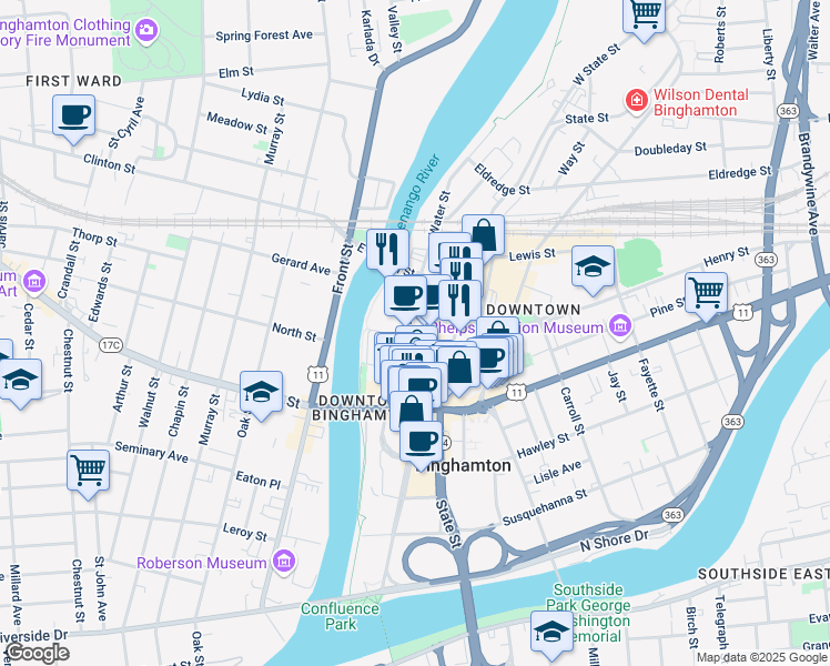 map of restaurants, bars, coffee shops, grocery stores, and more near in Binghamton