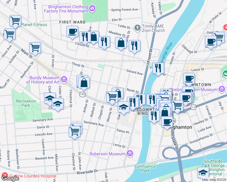 map of restaurants, bars, coffee shops, grocery stores, and more near 123 Murray Street in Binghamton