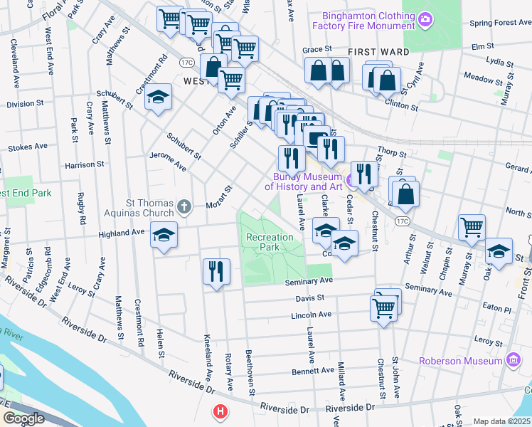 map of restaurants, bars, coffee shops, grocery stores, and more near 19 Schubert Street in Binghamton