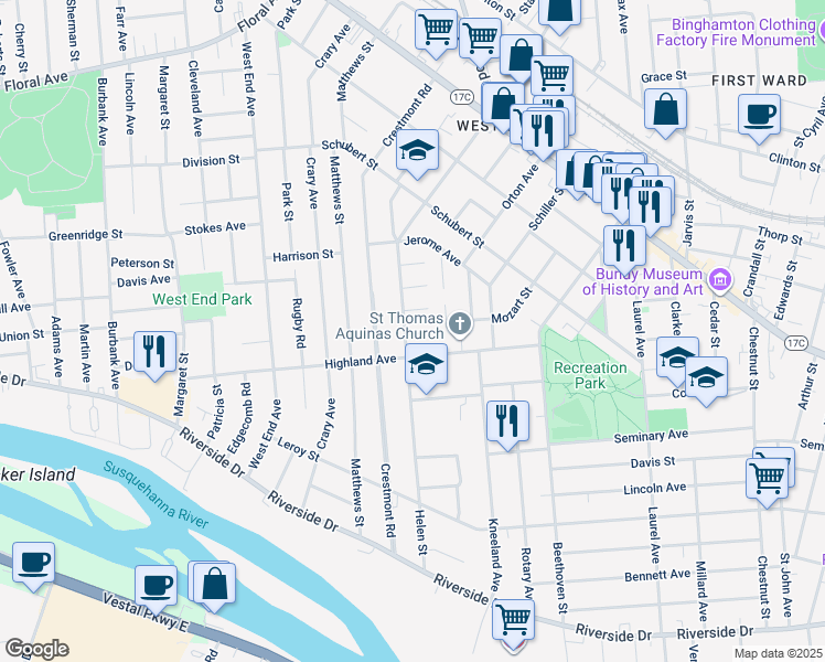map of restaurants, bars, coffee shops, grocery stores, and more near 54 Highland Avenue in Binghamton